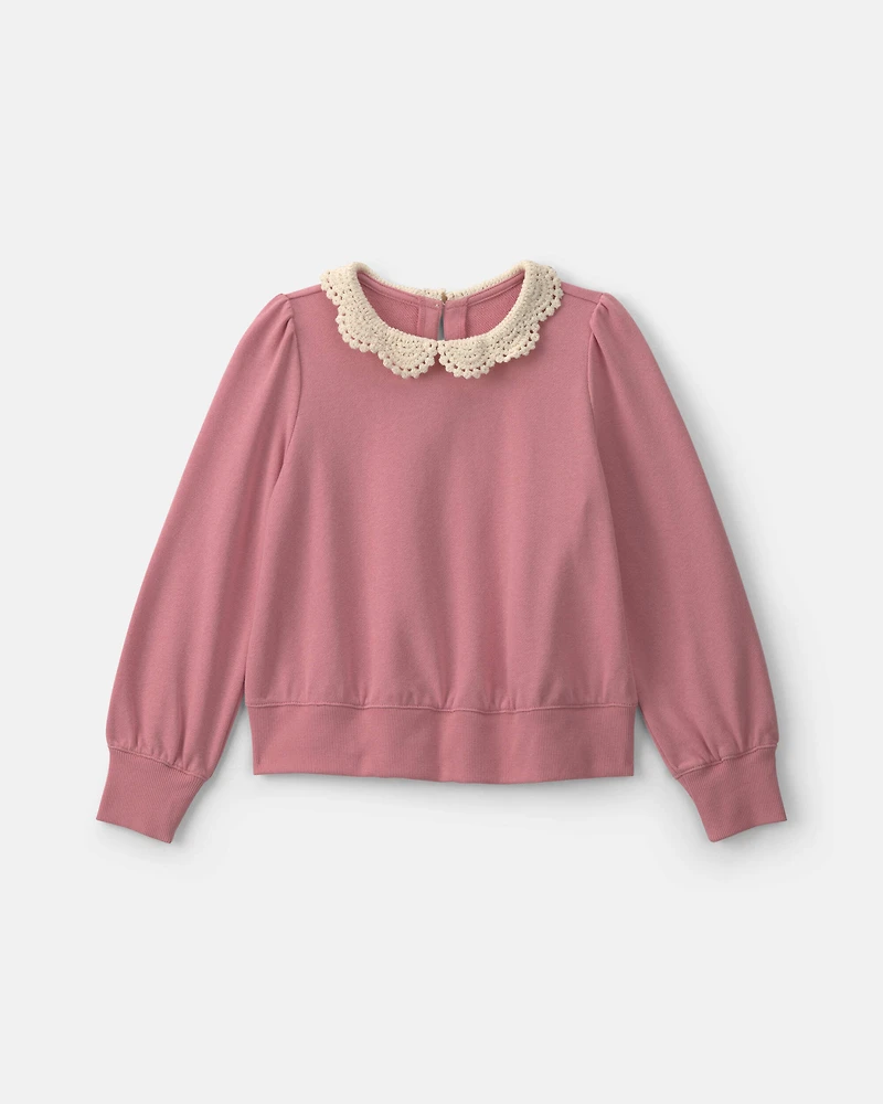 Girls Floral Collar French Terry Pullover Sweatshirt