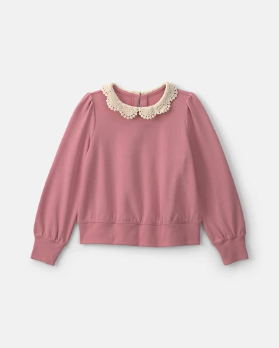 Girls Floral Collar French Terry Pullover Sweatshirt
