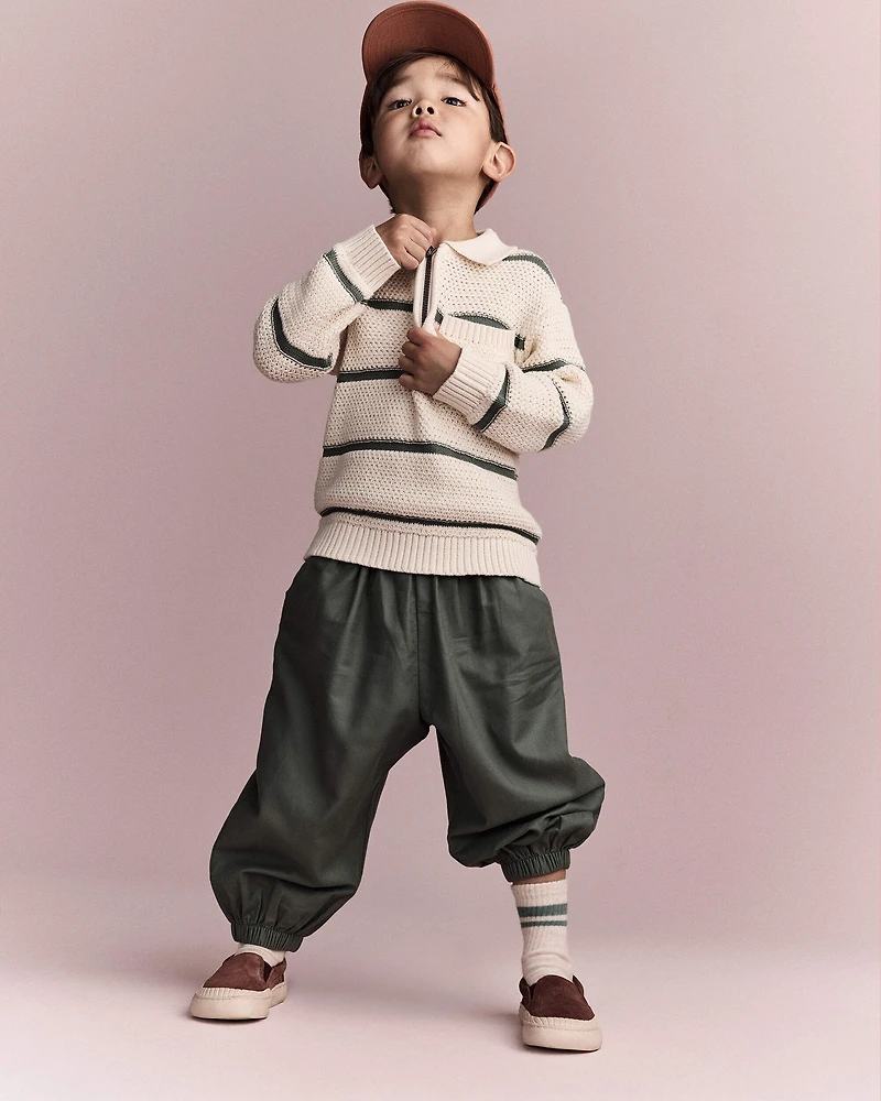 Toddler Boy Striped Quarter-Zip Sweater - Cream/Olive