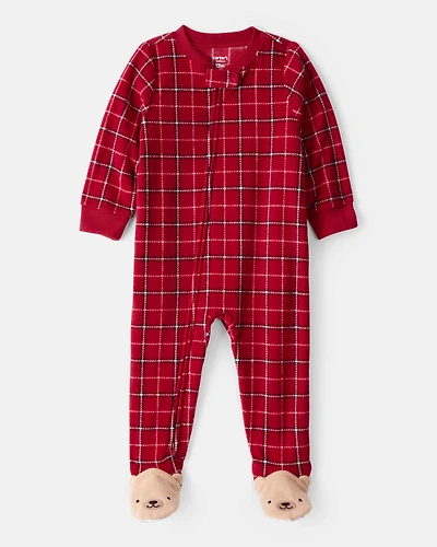 Baby Boy Plaid Print Fleece Loose Fit 1-Piece Pajamas - Red