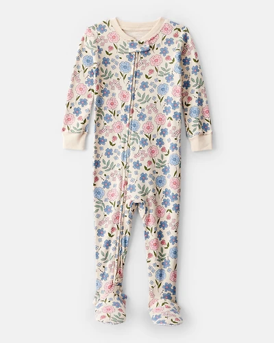 Baby Girl Floral 100% Cotton Snug Fit 2-Way Zip Footie 1-Piece Pajamas - Ivory