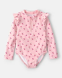 Toddler Girl Cherry Long-Sleeve 1-Piece Rashguard Swimsuit - Pink
