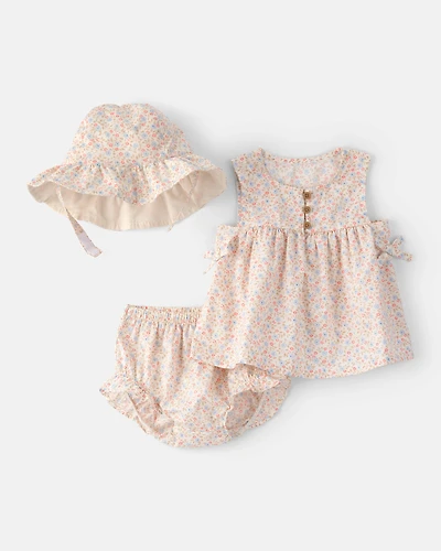 Baby Girl 3-Piece Floral Hat, Top & Short Set - Pink