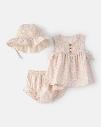 Baby Girl 3-Piece Floral Hat, Top & Short Set - Pink