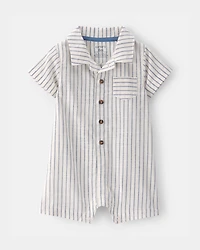 Baby Boy Striped Button-Down Romper - White/Blue