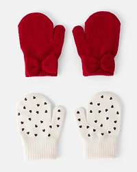 Toddler Girl 2-Pack Heart & Bow Winter Gloves - Red/Cream