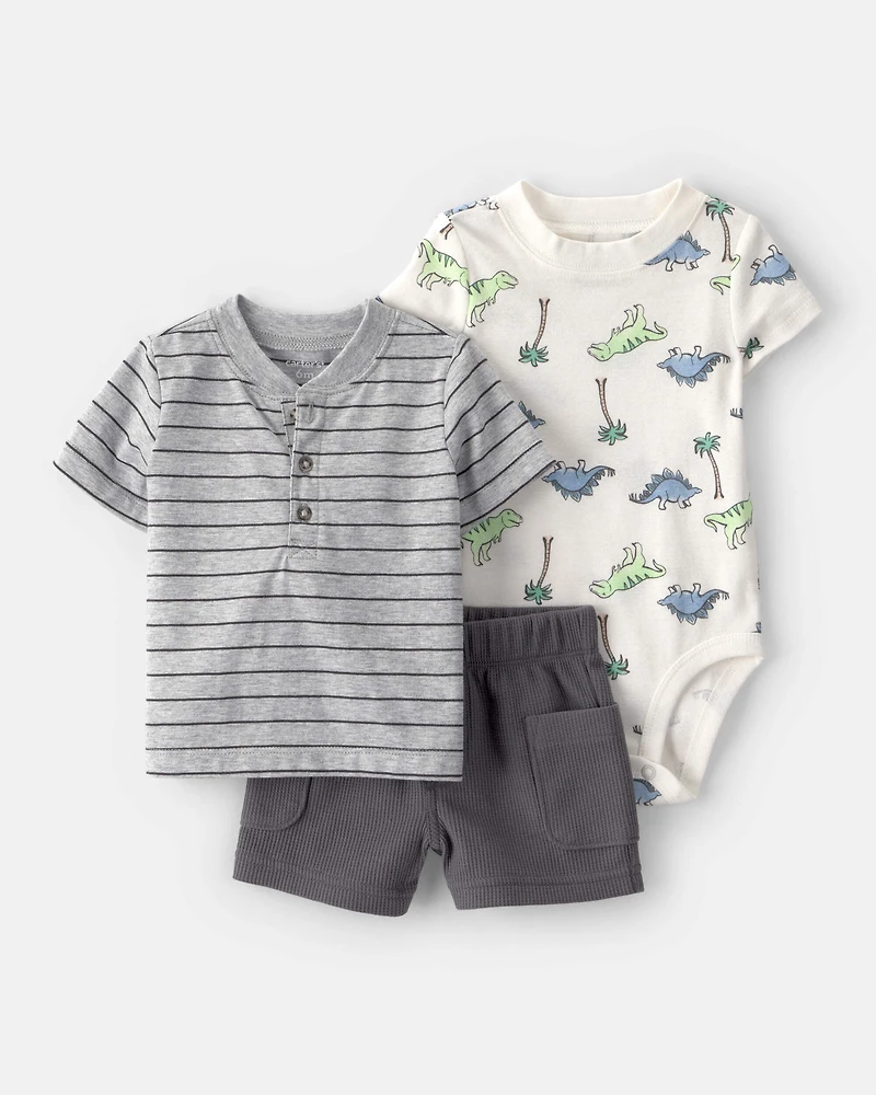 Baby Boy 3-Dinosaur Outfit Set - Grey/White