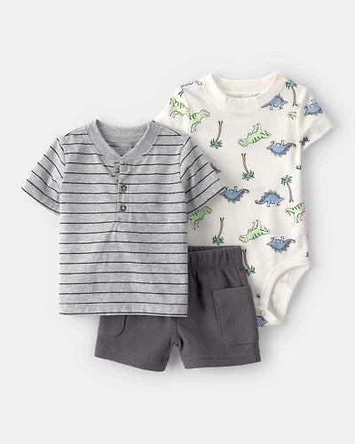 Baby Boy 3-Dinosaur Outfit Set - Grey/White