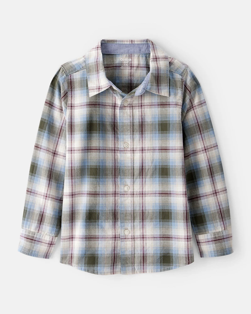 Boys Plaid Cotton Long-Sleeve Button-Down Shirt - Blue