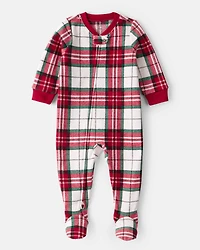 Baby Plaid Print Fleece Long-Sleeve Loose Fit 1-Piece Pajamas - Red/White