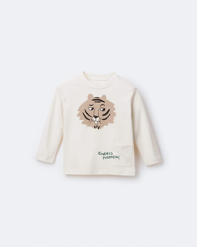 Toddler 'Endless Potential' Tiger Long-Sleeve Pocket Graphic Tee - Cream