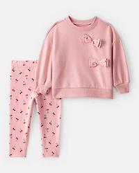 Baby Girl Cherry Bow French Terry Sweatshirt & Pant Set - Pink