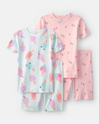 Girls Ice Cream 100% Cotton Short-Sleeve Snug Fit 4-Piece Pajama Set - Pink/Blue