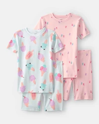Girls Ice Cream 100% Cotton Short-Sleeve Snug Fit 4-Piece Pajama Set - Pink/Blue