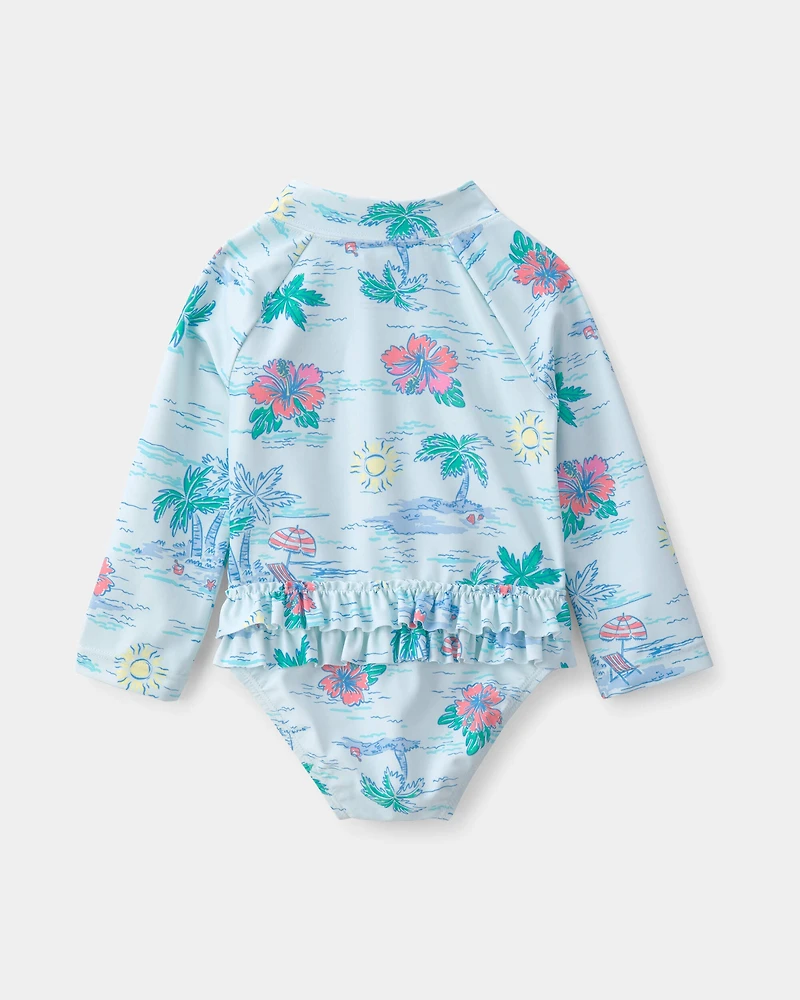 Baby Girl Tropical Beach Long-Sleeve Rashguard Swimsuit - Blue