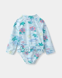 Baby Girl Tropical Beach Long-Sleeve Rashguard Swimsuit - Blue
