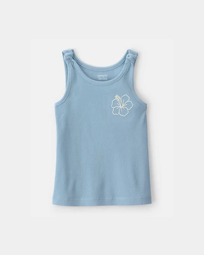 Toddler Girl Flower Ribbed Tank Top - Blue