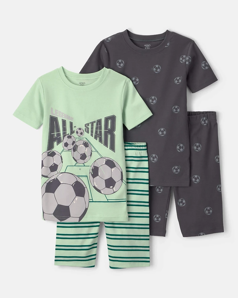 Boys Soccer 100% Cotton Short-Sleeve Snug Fit 4-Piece Pajama Set - Green/Grey