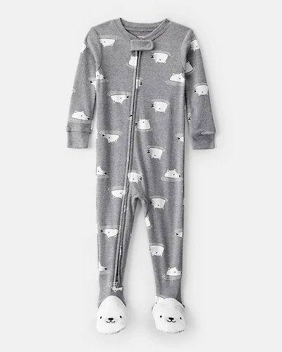 Baby Boy Polar Bear Cotton Snug Fit 2-Way Zip Footie 1-Piece Pajamas - Grey