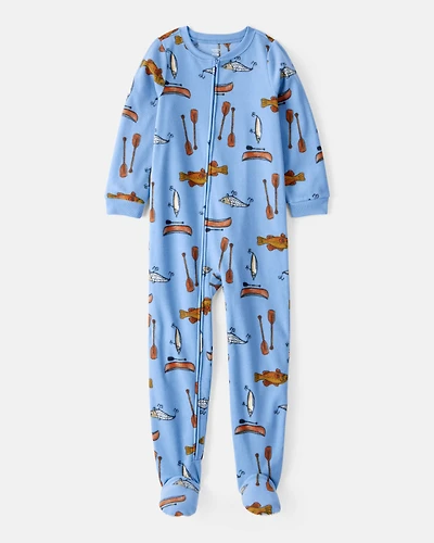 Kid 1-Piece Fishing Print Fleece Footie Pajamas - Blue