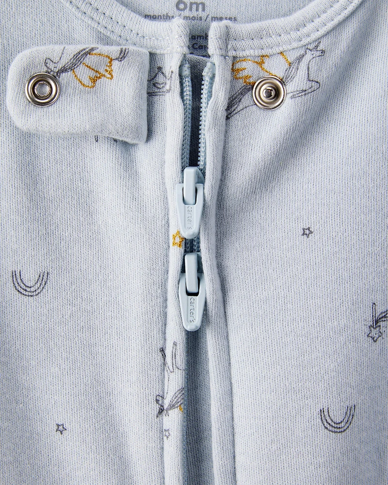 Baby Girl Unicorn Star Print 100% Cotton Long-Sleeve 2-Way Zip Sleep & Play Pajamas - Blue