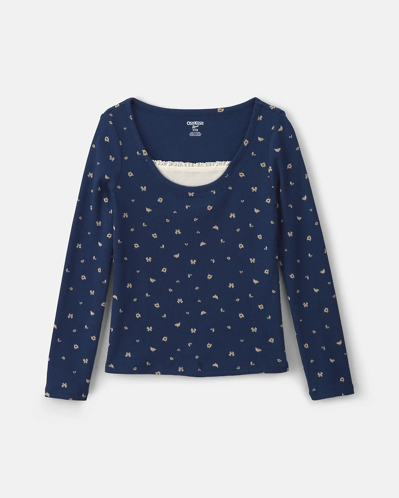 Girls Floral Long-Sleeve Top - Navy Blue