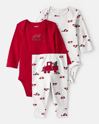 Baby Boy 3-Piece Train Print Long-Sleeve Bodysuits & Pant Set - Red/White