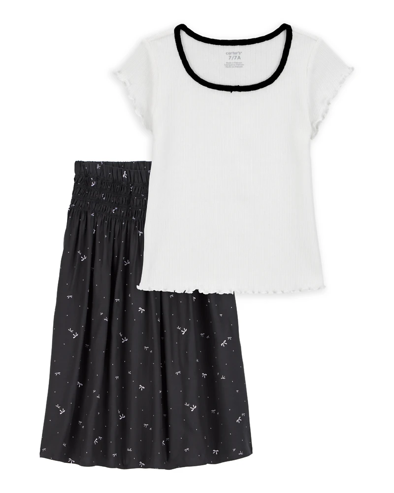 Kid 2-Piece Pointelle Tee & Bow Print Maxi Skirt Set - Black/White