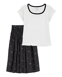 Kid 2-Piece Pointelle Tee & Bow Print Maxi Skirt Set - Black/White