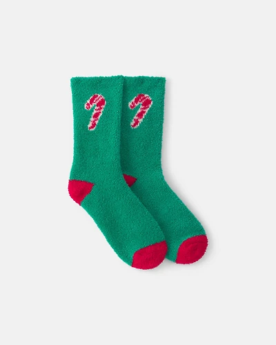 Kids Candy Cane Christmas Cozy Socks - Green/Red