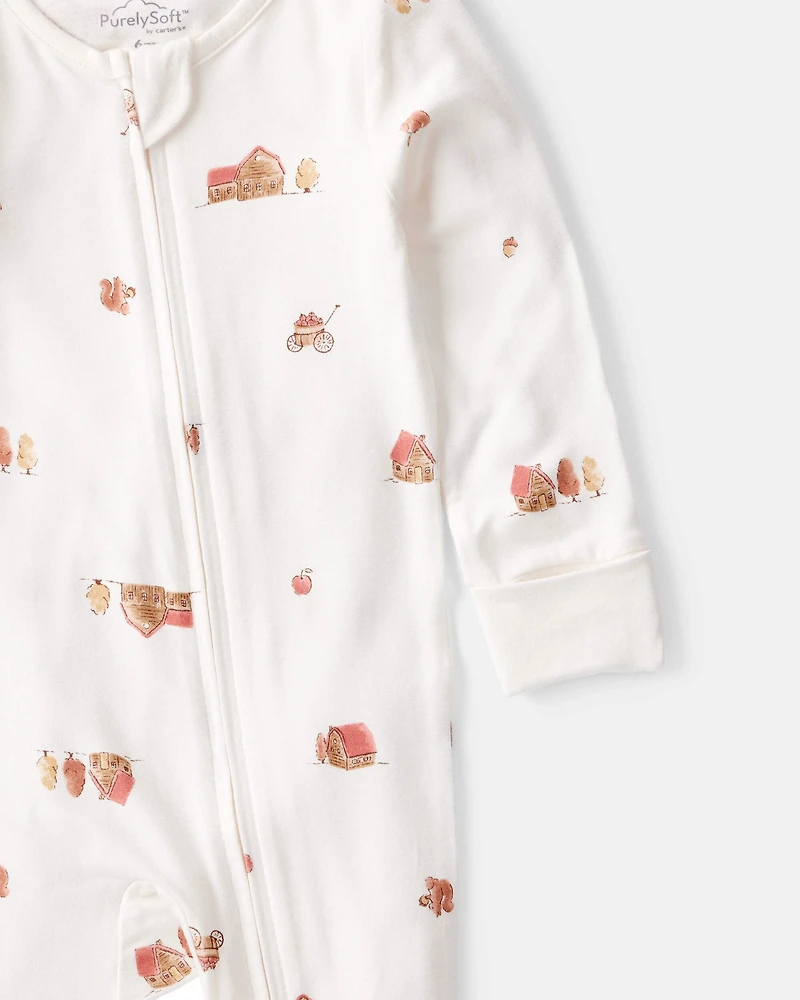 Baby Barn Print PurelySoft Long-Sleeve 2-Way Zip Sleep & Play Pajamas - White
