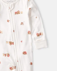 Baby Barn Print PurelySoft Long-Sleeve 2-Way Zip Sleep & Play Pajamas - White