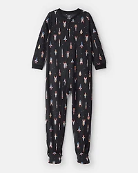 Boys Rocket Ship Print Fleece Long-Sleeve Loose Fit 1-Piece Pajamas - Black