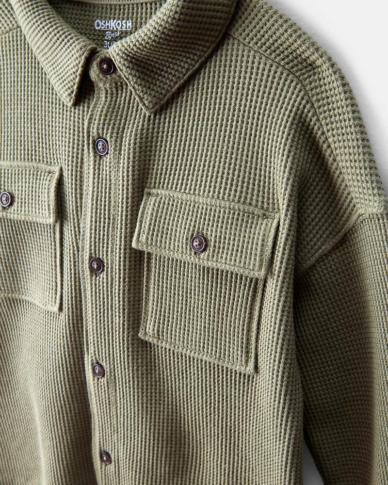 Toddler Boy Long-Sleeve Waffle Knit Utility Shirt - Green