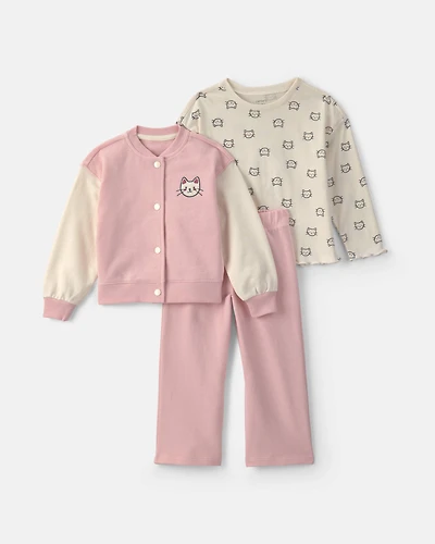 Toddler Girl 3-Piece Cat French Terry Long-Sleeve Layering Set - Pink/White