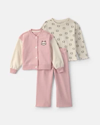 Toddler Girl 3-Piece Cat French Terry Long-Sleeve Layering Set - Pink/White