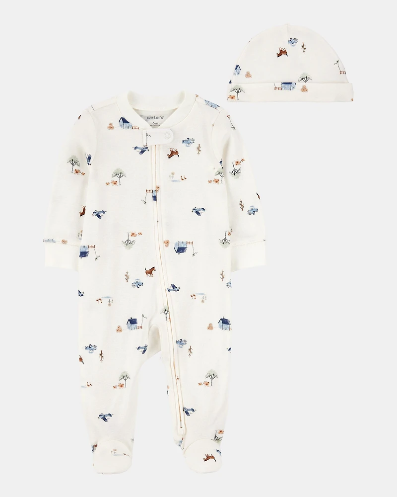 Baby 2-Piece 2-Way Zip Sleep & Play & Cap Set - Ivory/Blue