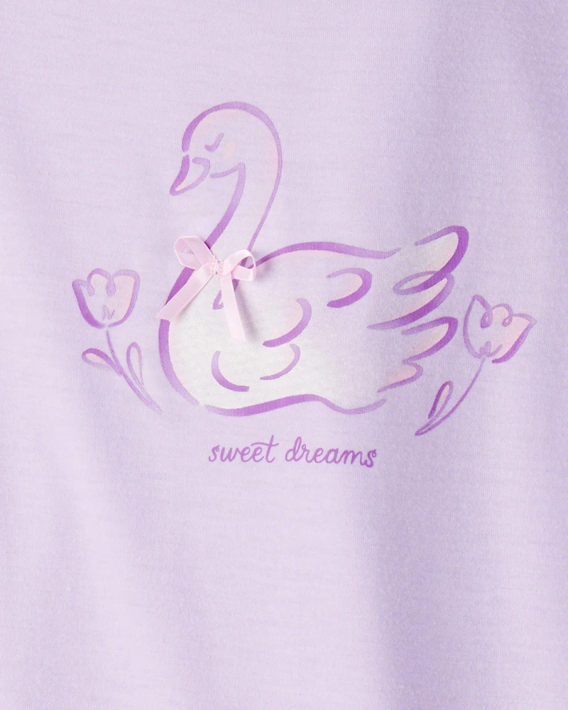 Girls Swan Floral Loose Fit Night Gown - Purple/White