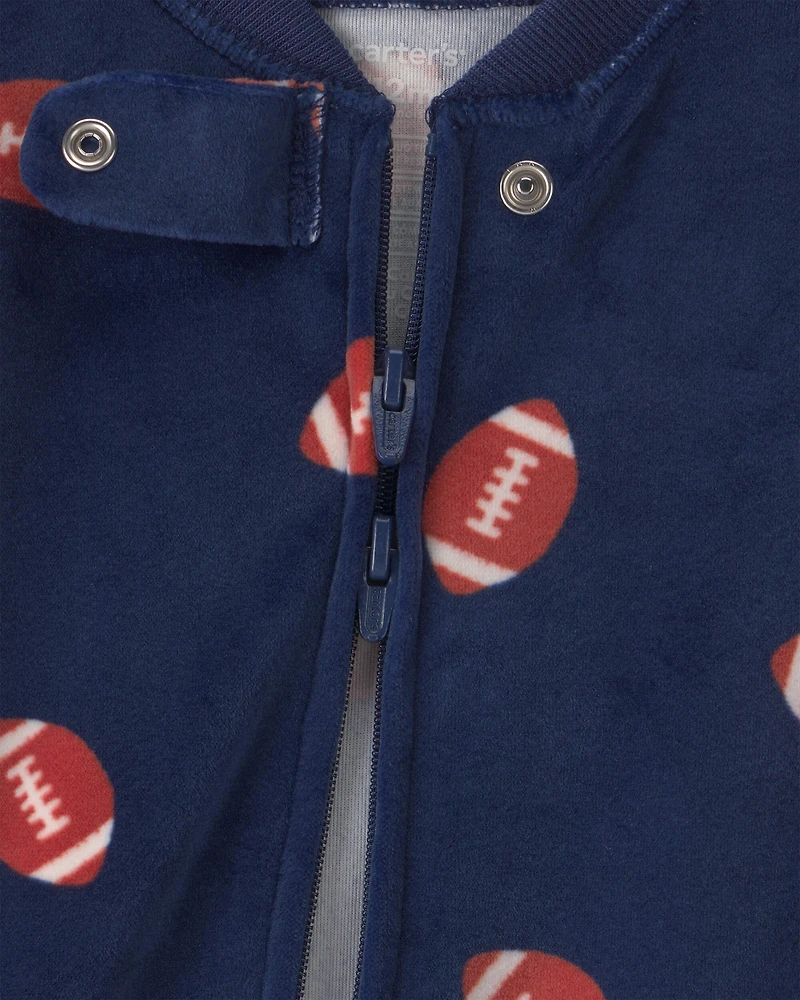 Baby Boy 1-Piece Football 2-Way Zip DreamPlush Snug Fit Footed Pajama - Navy Blue