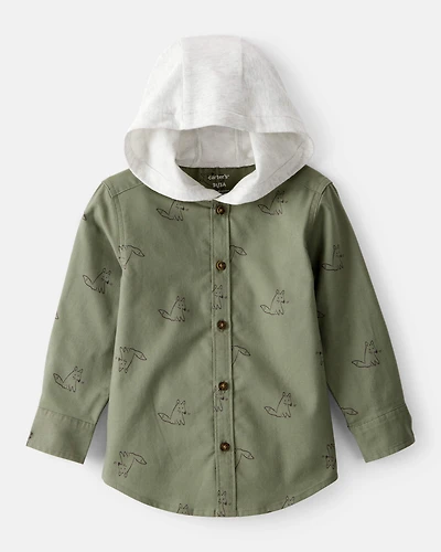 Toddler Boy Racoon Print Cotton Long-Sleeve Hooded Button-Down Shirt - Green