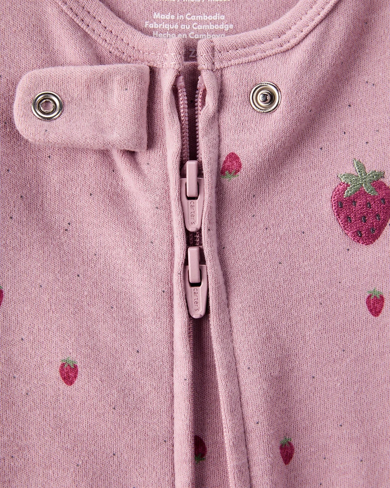 Baby Girl Strawberry Print 100% Cotton Sleep & Play Pajamas - Pink