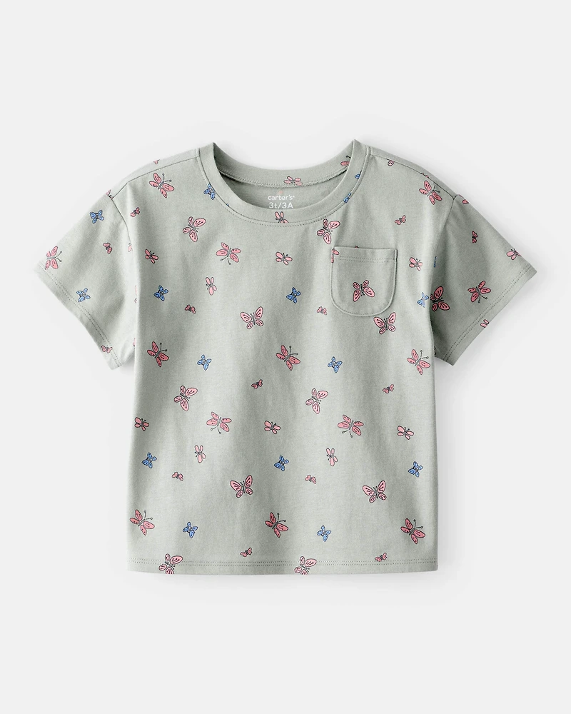 Toddler Girl Butterfly-Print Short-Sleeve Pocket Tee - Green