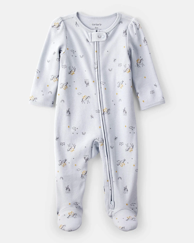 Baby Girl Unicorn Star Print 100% Cotton Long-Sleeve 2-Way Zip Sleep & Play Pajamas - Blue