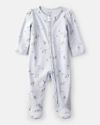Baby Girl Unicorn Star Print 100% Cotton Long-Sleeve 2-Way Zip Sleep & Play Pajamas - Blue