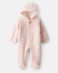 Baby Girl Floral Sherpa-Lined Long-Sleeve Hooded Jumpsuit - Pink