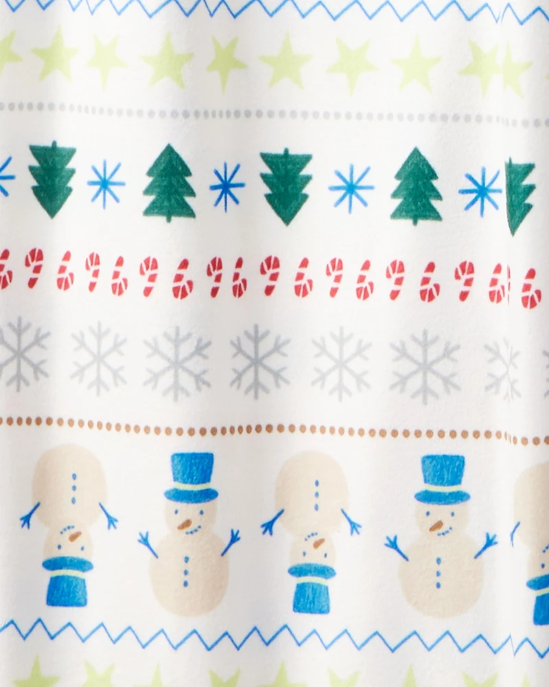 Adult Snowman Fair Isle Cotton Long-Sleeve Snug Fit 2-Piece Pajamas - Green/White
