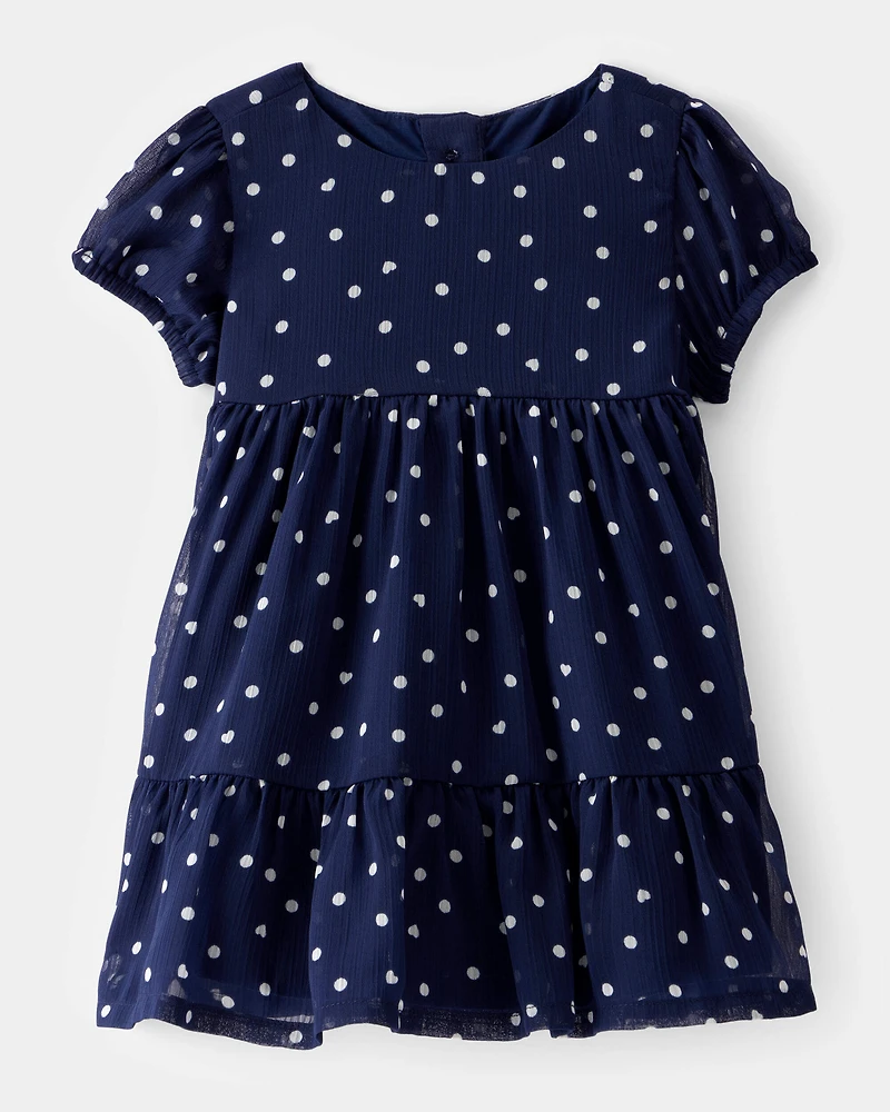 Baby Polka Dot Chiffon Crinkle Short-Sleeve Dress - Navy