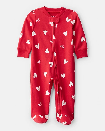 Baby Valentine's Day Heart 100% Cotton Snug Fit 2-Way Zip Sleep & Play Pajamas - Red