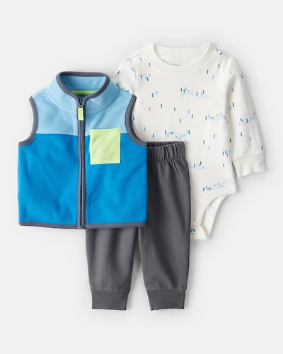 Baby Boy 3-Piece Fleece Vest Outfit Set - Blue