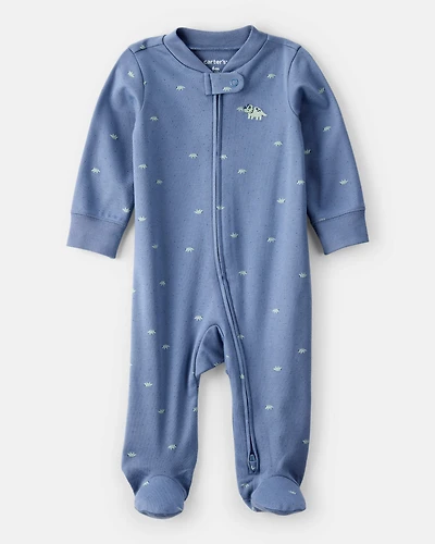 Baby Boy Dino Print 100% Cotton Long-Sleeve Sleep & Play Pajamas - Blue